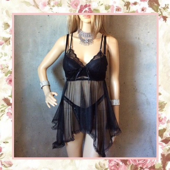 🌸 3PC BABYDOLL DRESS BRA THONG PANTIE SET SHEER BLACK HUSTLER LEG AVENUE - Picture 1 of 6